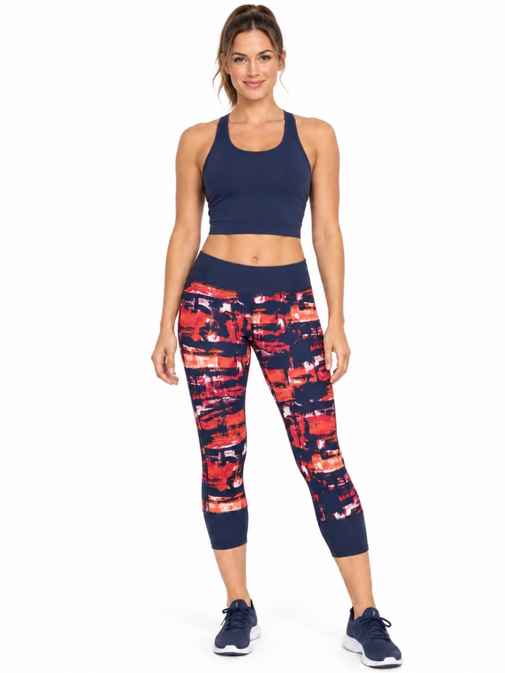 Kyodan Women’s Medium Abstract Print Capri Mod-Rise Leggings Navy Red